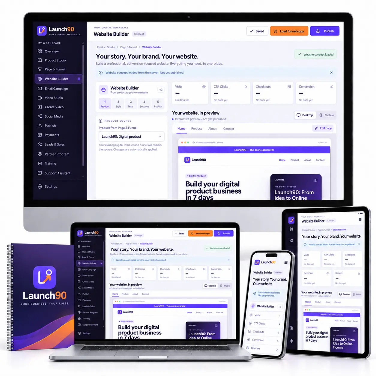 Launch90 workspace across desktop, laptop, tablet and mobile