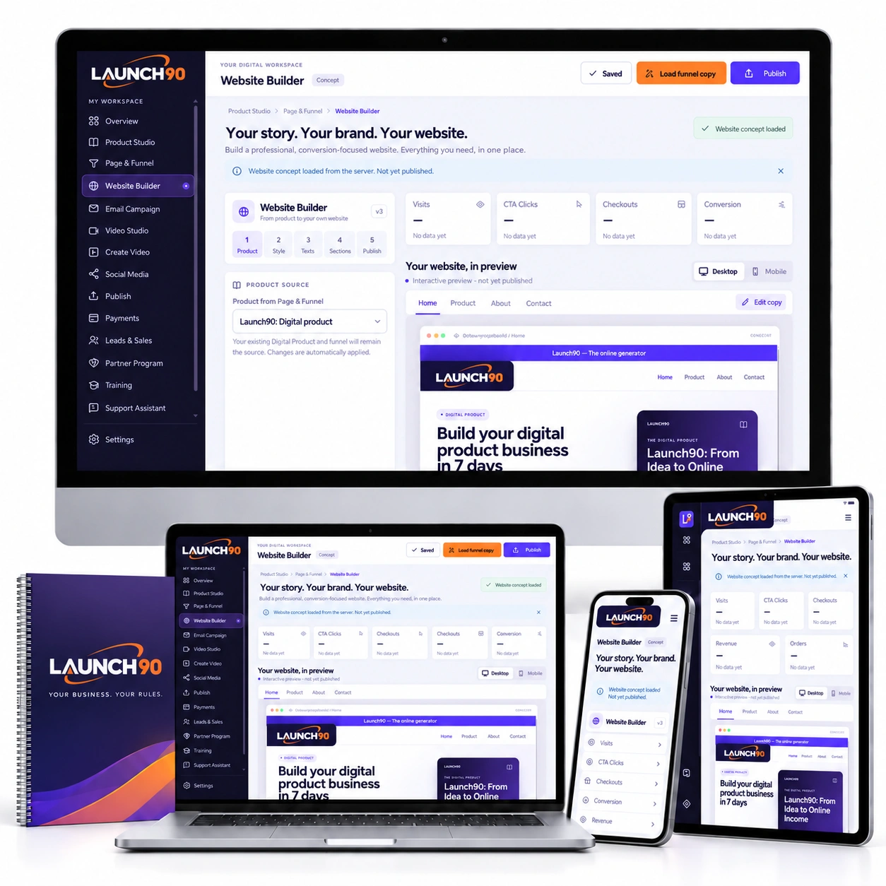 Launch90 software workspace displayed on desktop, tablet and mobile