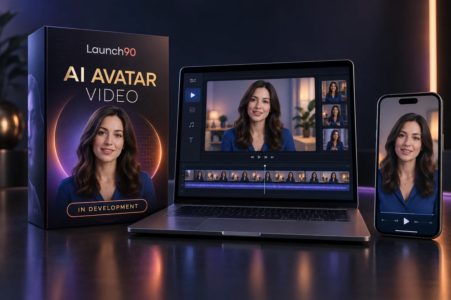 Launch90 AI Avatar Video concept: software box, laptop video editor and phone showing a photorealistic presenter in a blue blouse. In development.