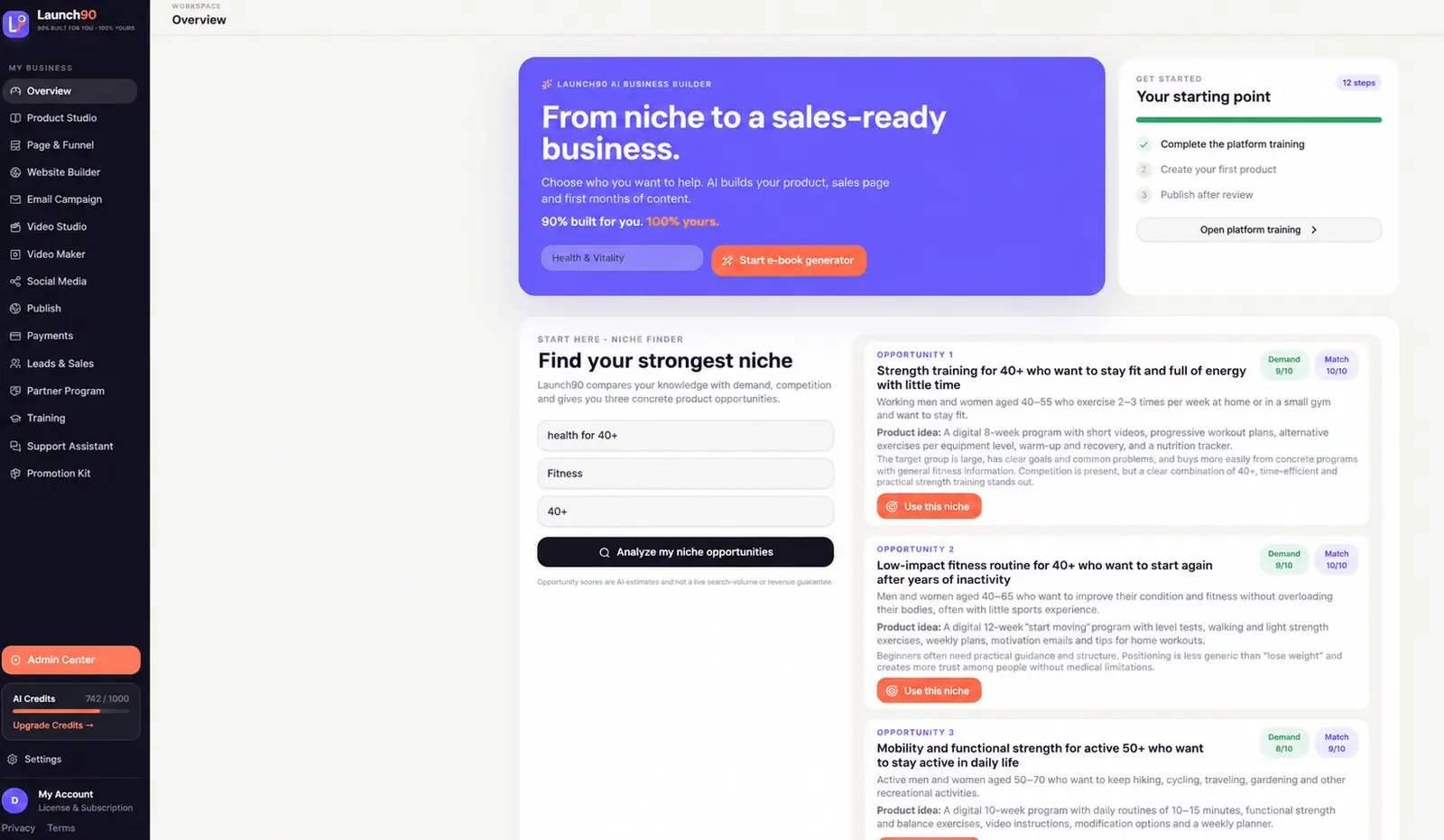 English Launch90 AI Niche Finder dashboard showing three product opportunities