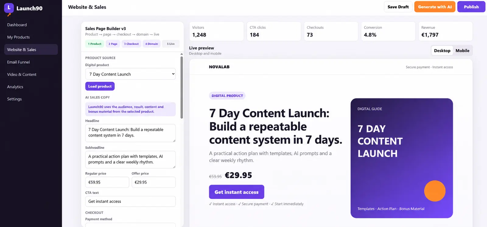 English Launch90 sales page builder showing a 7 Day Content Launch product